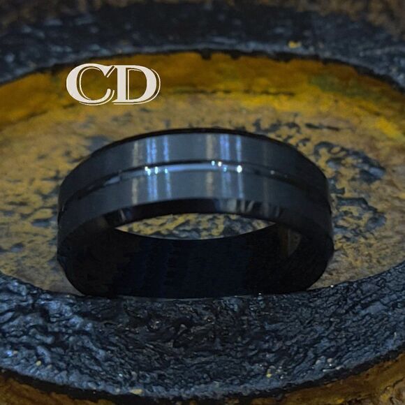 Men's Black Groove Wedding Ring Band - Grooved Black Wedding Ring For Guys - Picture 1 of 6